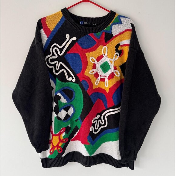 80s vintage black rainbow funky crazy abstract print embroidered knit sweater - Picture 1 of 9